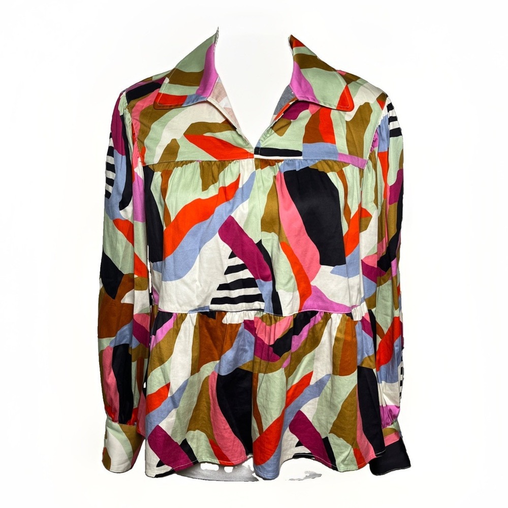 Crosby by Mollie Burch Abstract Print Peplum Ruffle Blouse Women's Size XS